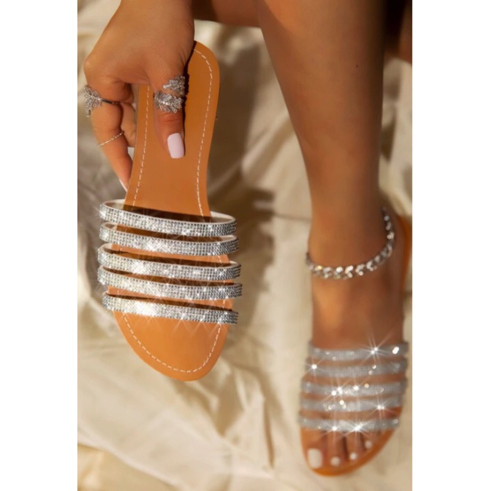 White Rhinestone Embellished 5 Strap Sandal Slides